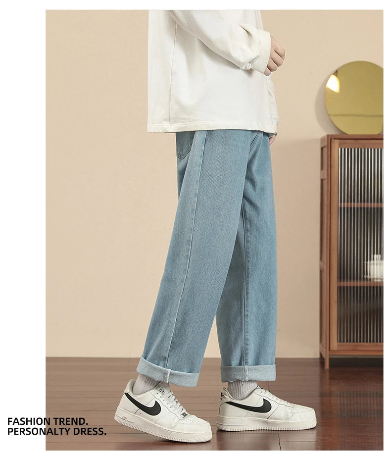 Fashion Men's Casual Ankle-Length Jeans Classic Man Straight Denim Wide-leg Pants.