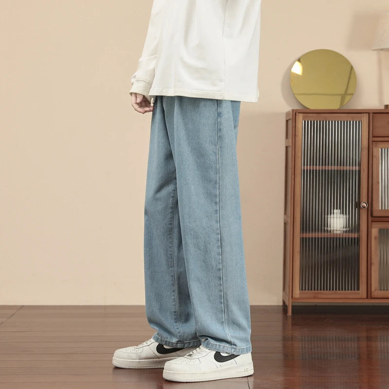 Fashion Men's Casual Ankle-Length Jeans Classic Man Straight Denim Wide-leg Pants.