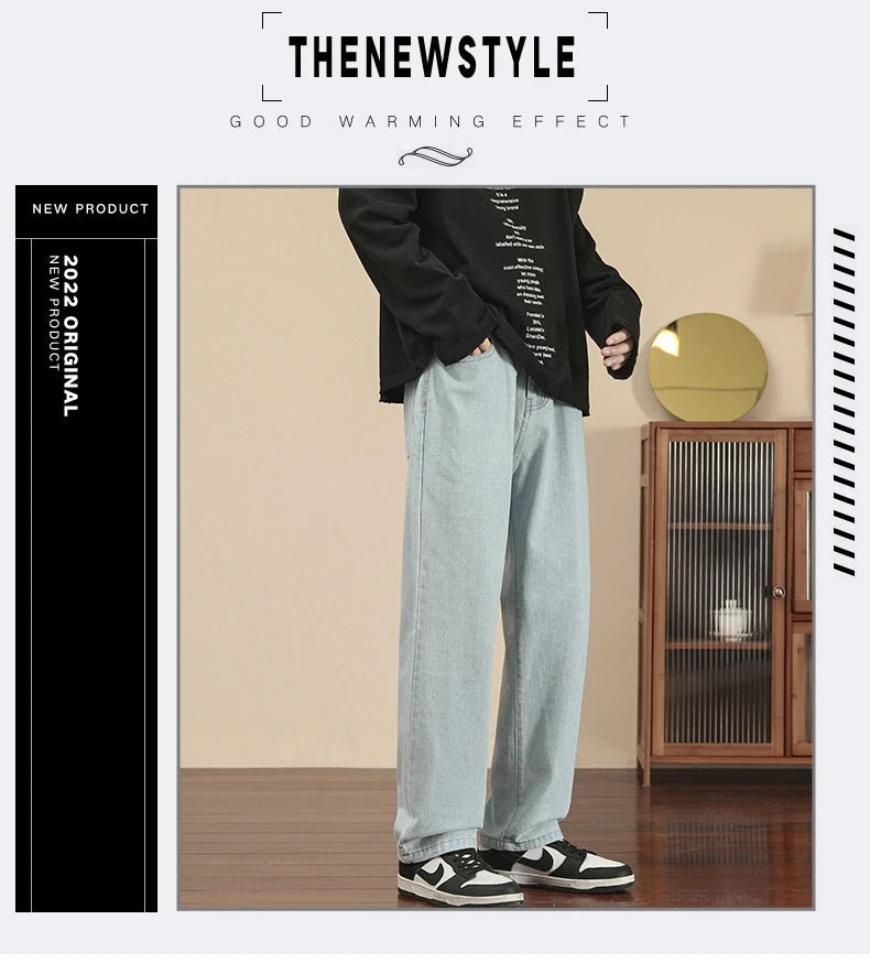 Fashion Men's Casual Ankle-Length Jeans Classic Man Straight Denim Wide-leg Pants.