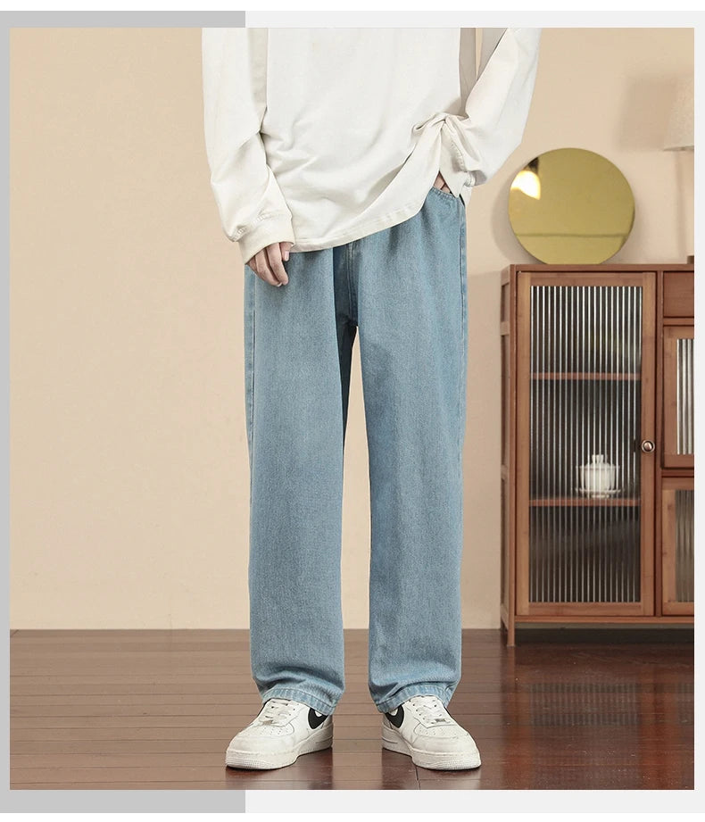 Fashion Men's Casual Ankle-Length Jeans Classic Man Straight Denim Wide-leg Pants.