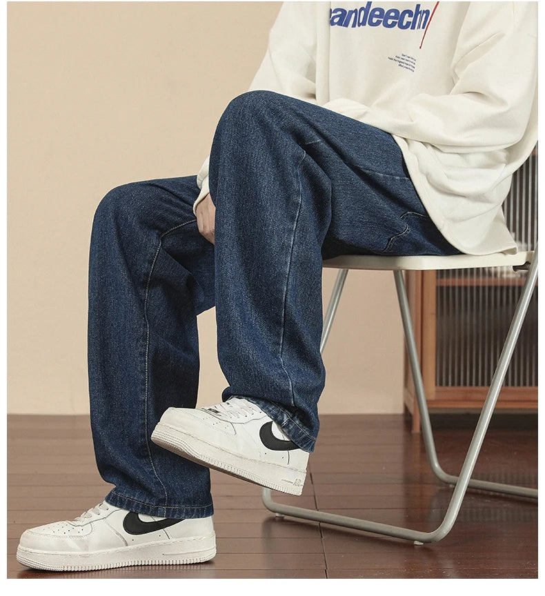 Fashion Men's Casual Ankle-Length Jeans Classic Man Straight Denim Wide-leg Pants.