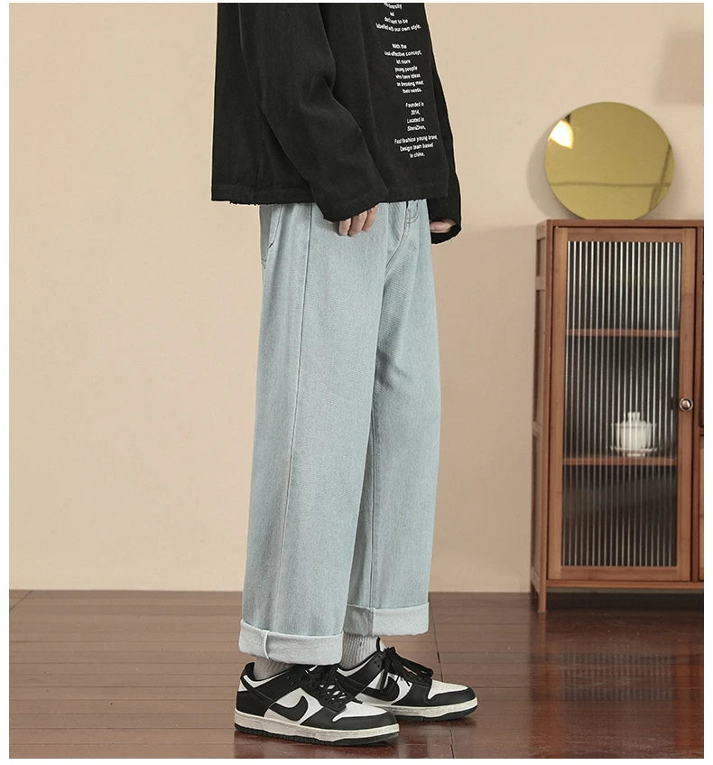 Fashion Men's Casual Ankle-Length Jeans Classic Man Straight Denim Wide-leg Pants.