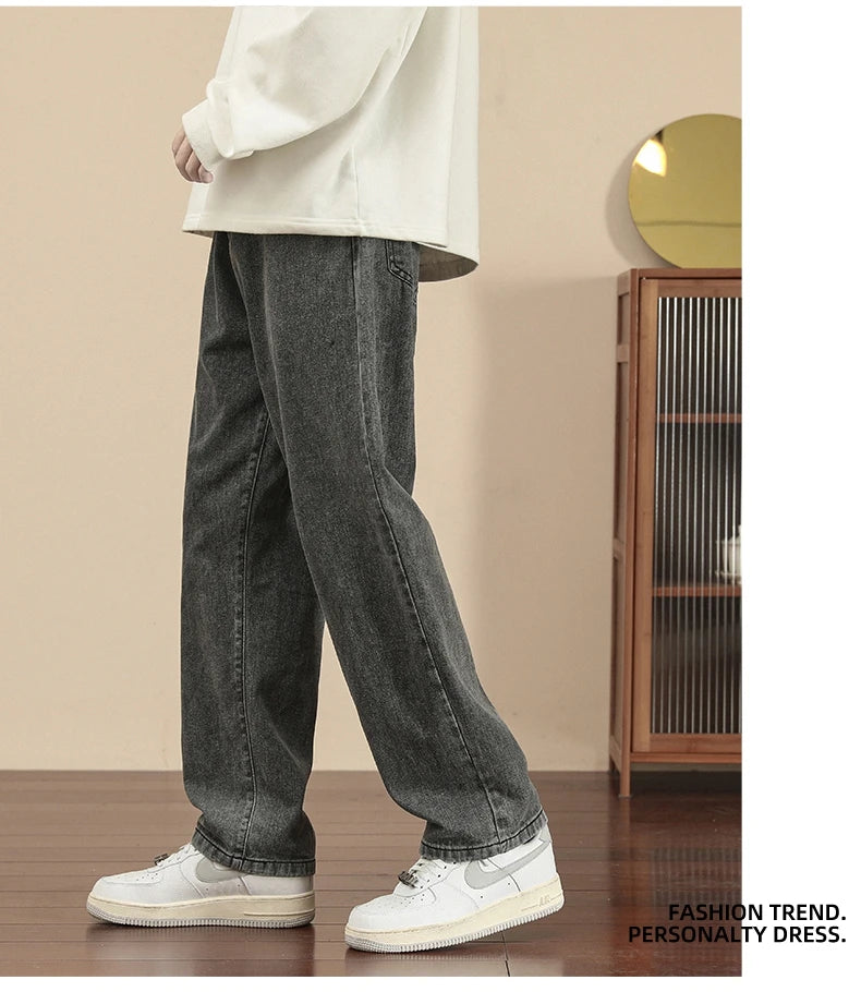 Fashion Men's Casual Ankle-Length Jeans Classic Man Straight Denim Wide-leg Pants.