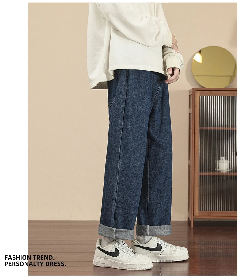 Fashion Men's Casual Ankle-Length Jeans Classic Man Straight Denim Wide-leg Pants.