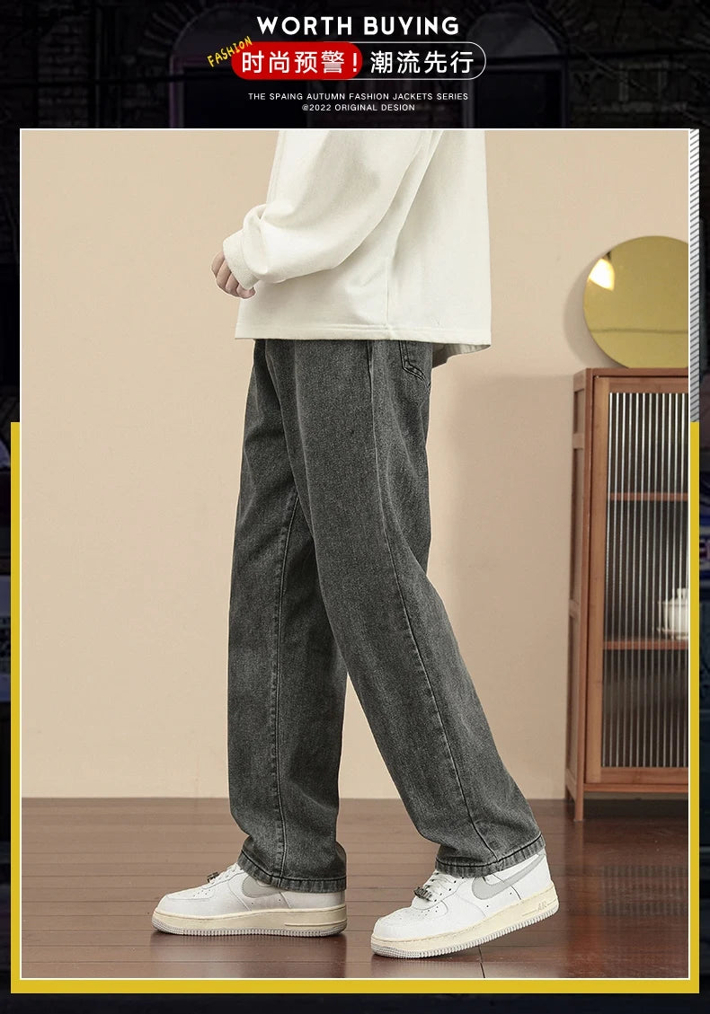 Fashion Men's Casual Ankle-Length Jeans Classic Man Straight Denim Wide-leg Pants.