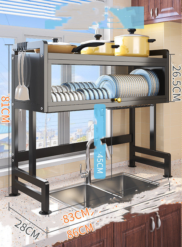 Kitchen sink storage rack with faucet area, side hooks, and wire shelf of blue plates