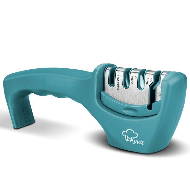 Handheld teal knife sharpener with multi-slot sharpening stone base and handle