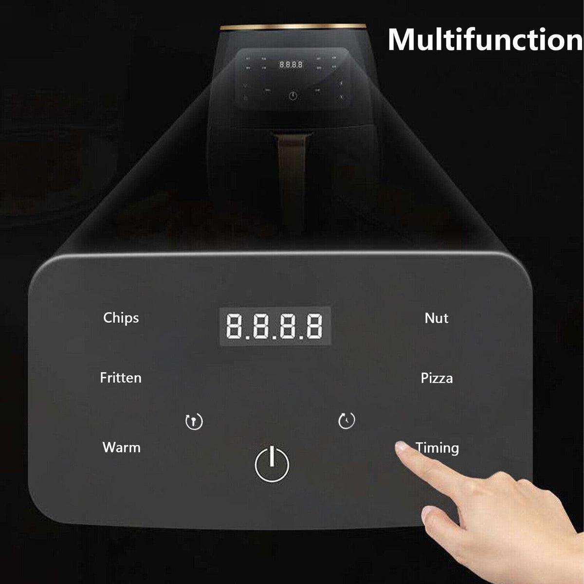 Black air fryer angled view with digital display and multifunction program buttons
