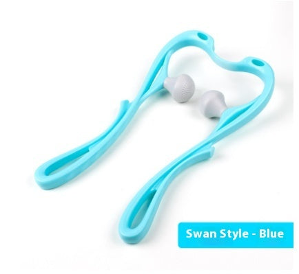 Turquoise swan-neck body massager with round head rollers and curved handles