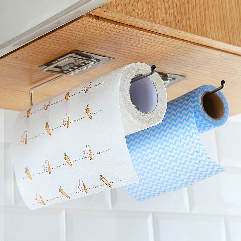 Wall-mounted toilet paper holder showing two rolls on metal roller arms