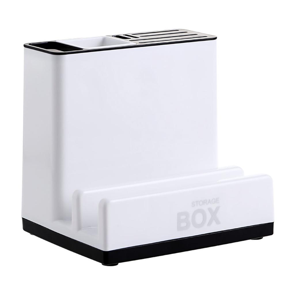 White knife drawer organizer with black base, top slotted rack, and front storage bin