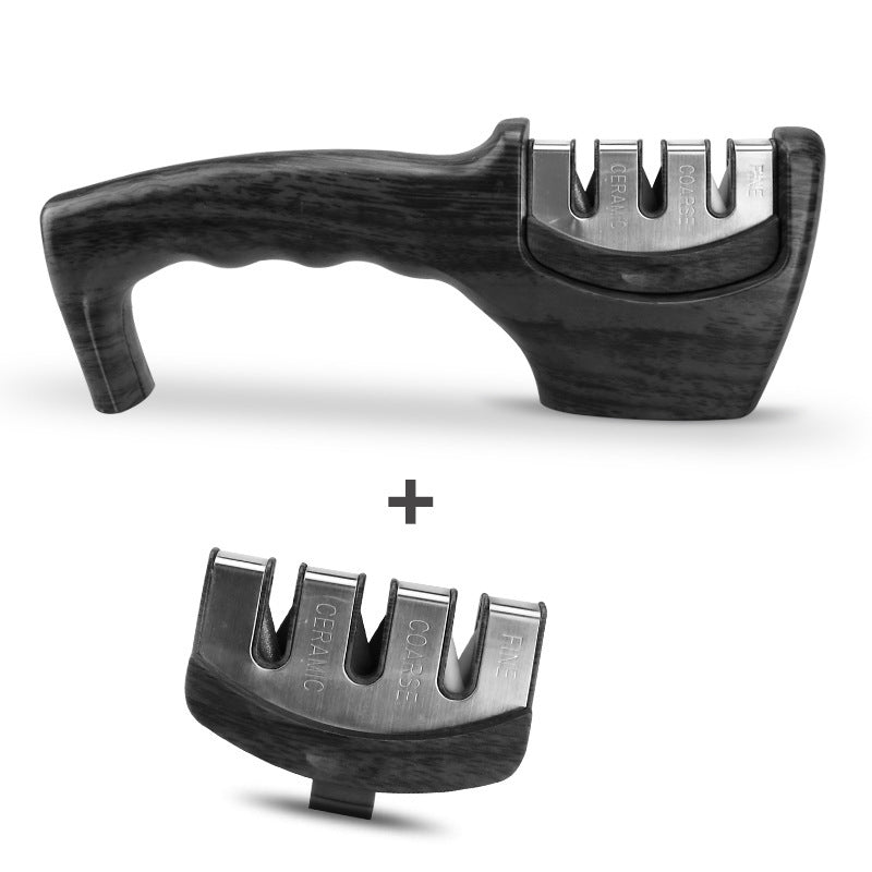 Black knife sharpener with replacement grinder head included, side-by-side