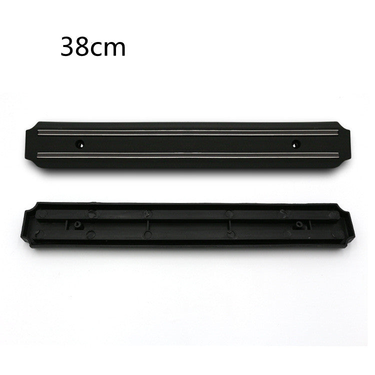 Black magnetic knife holder rail with underside base cover, two mounting holes (38cm).