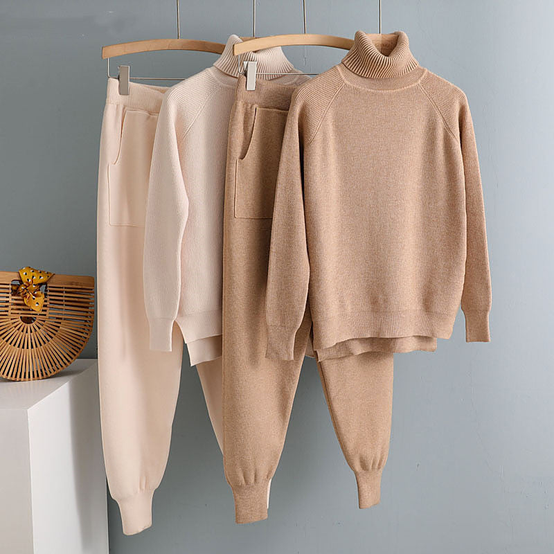Beige knit turtleneck sweatshirt with matching jogger pants set in tan tones