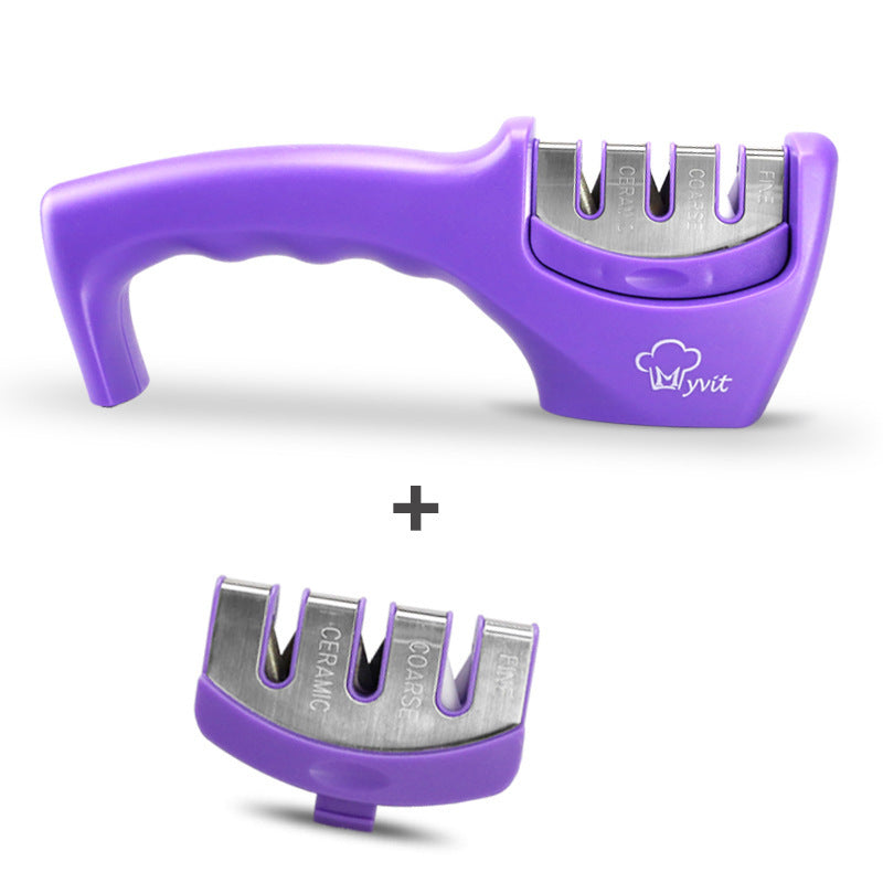 Violet hand-held knife sharpener with four sharpening slots; small insert shown below
