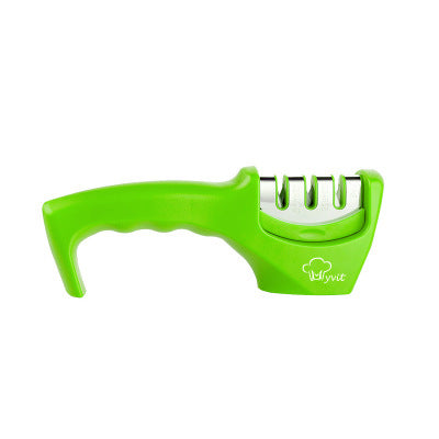 Green handheld knife sharpener with metal sharpening slots and curved grip