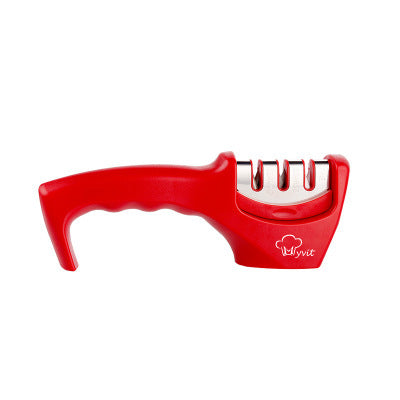 Red hand-held knife sharpener with four sharpening slots and molded handle