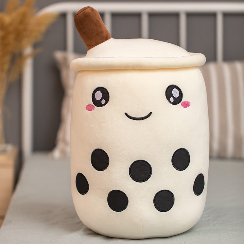White plush bubble tea cup pillow, brown straw, cute smile, pink blush and black dots