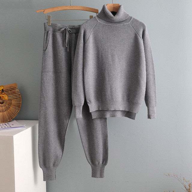 Grey knit turtleneck sweatshirt and matching drawstring jogger pants set