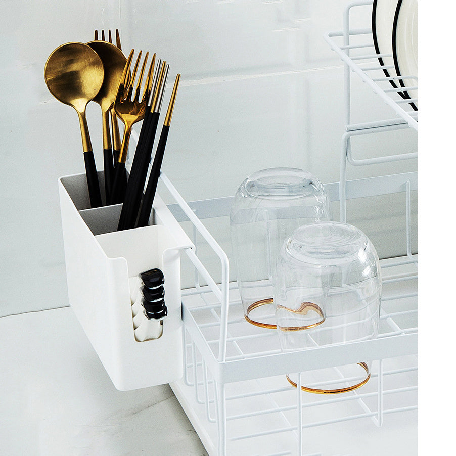 White double-layer dish rack with utensil holder and plate storage