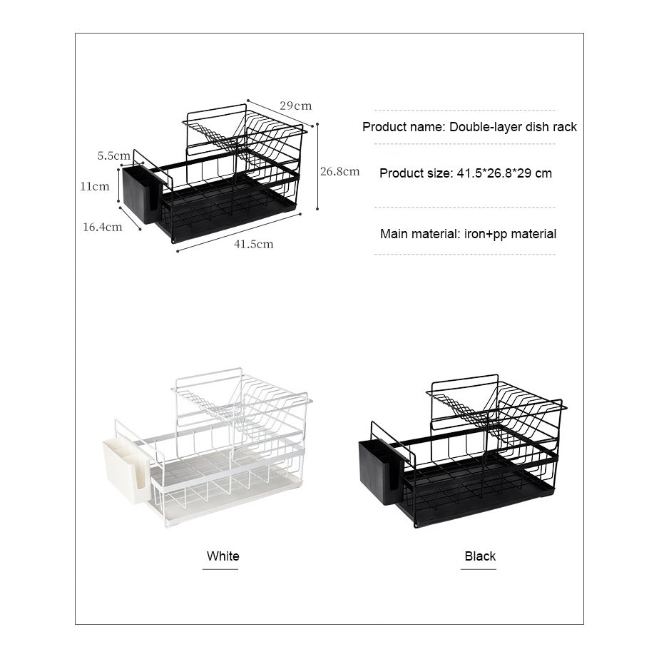 Double-layer dish rack dimensions with white and black options