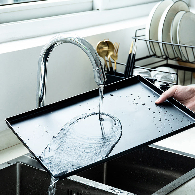 Black double-layer dish rack tray with water drainage and plate supports