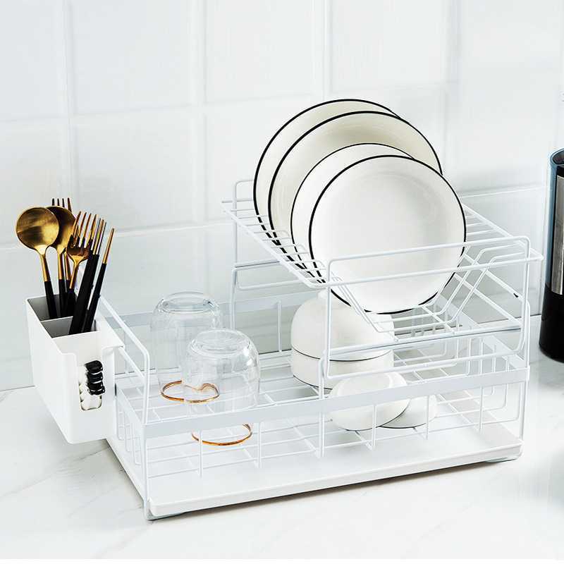White double-layer dish rack with stacked plates and cup holders