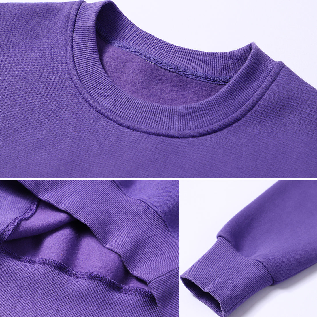 Purple fleece sweatshirt neckline and ribbed cuffs detail