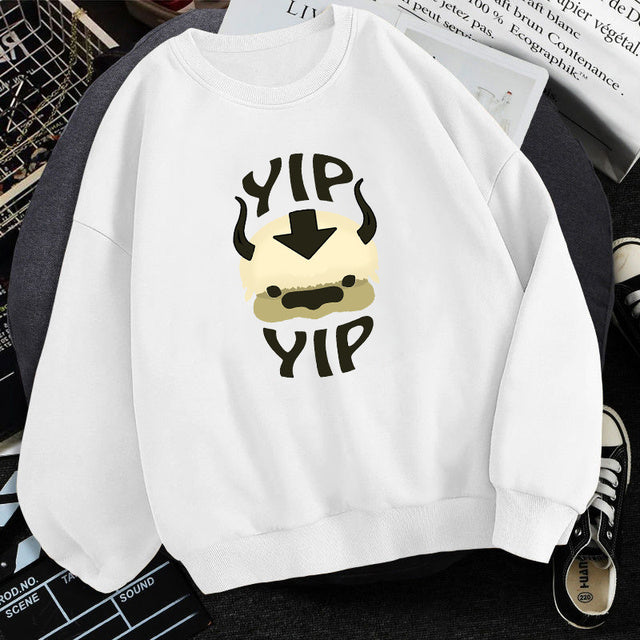White fleece crewneck sweatshirt with centered character graphic print