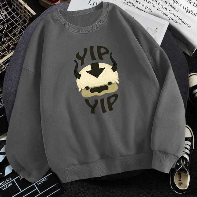 Gray fleece crewneck sweatshirt with centered character graphic print