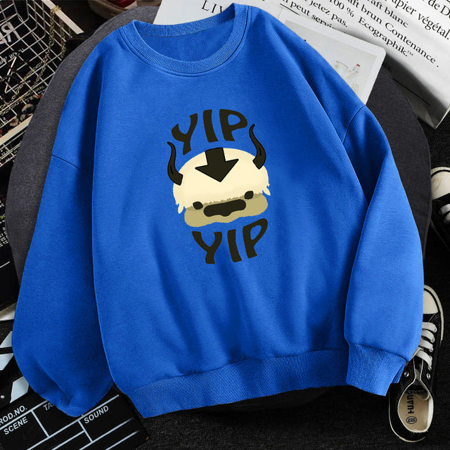 Bright blue fleece crewneck sweatshirt with centered character graphic print