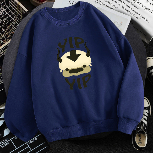Navy blue fleece crewneck sweatshirt with centered character graphic print