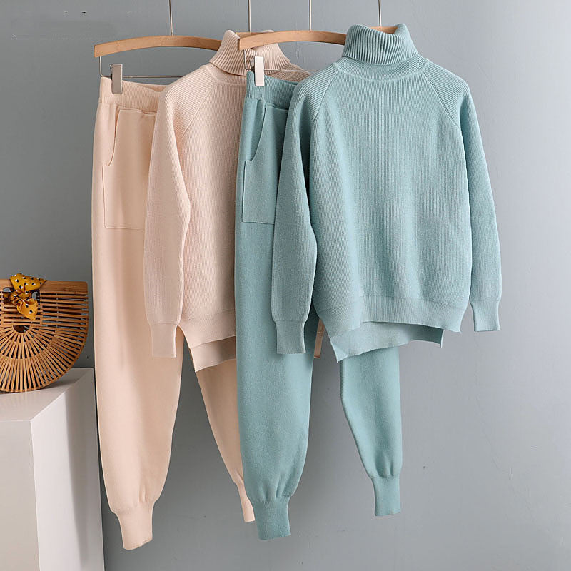Light pink, teal, and mint knitted turtleneck sweatshirt with jogger pants set