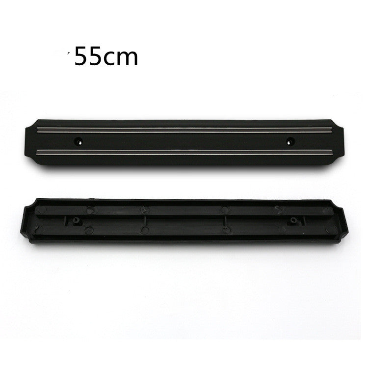Black magnetic knife holder rail with two mounting holes and matching cover.