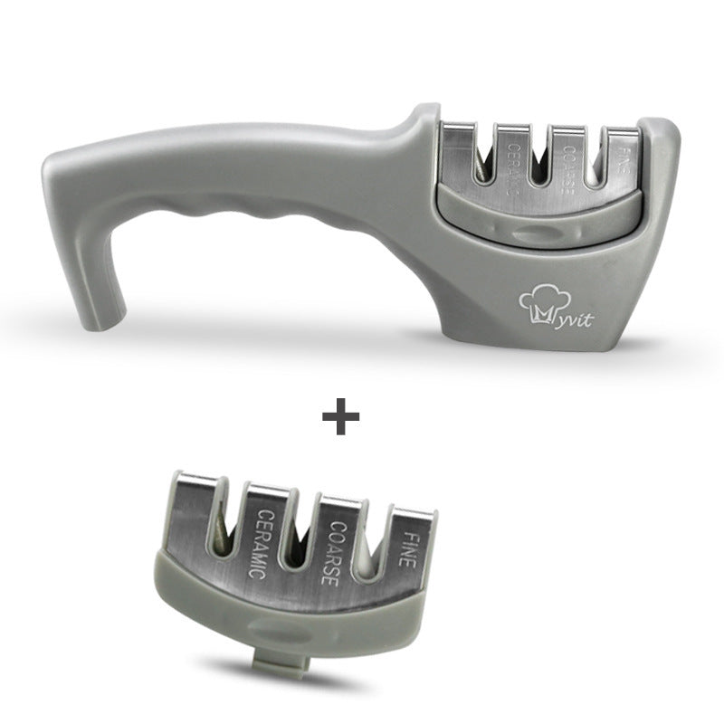 Gray multi-stage knife sharpener with curved handle; detachable insert shown below