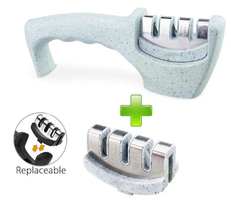 Speckled light gray knife sharpener with replaceable insert and four metal slots
