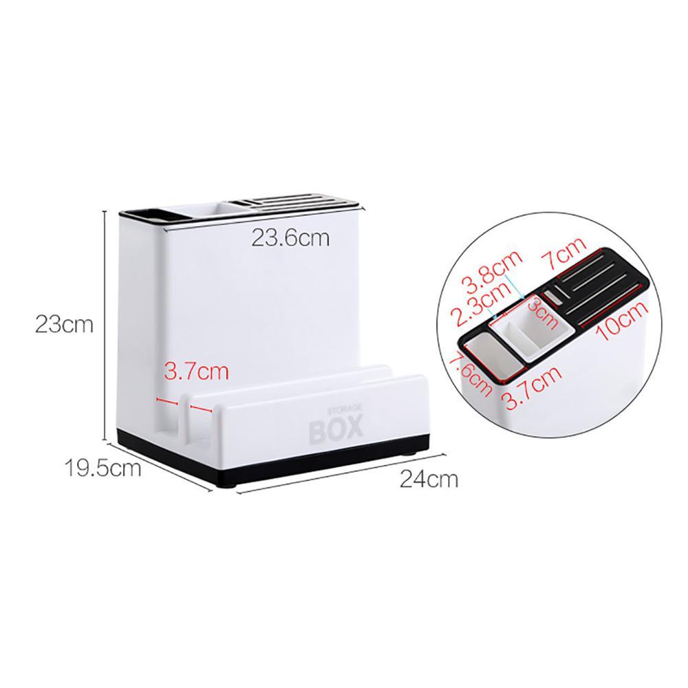 White knife drawer organizer with black base and front handle storage bin, shown with size guide