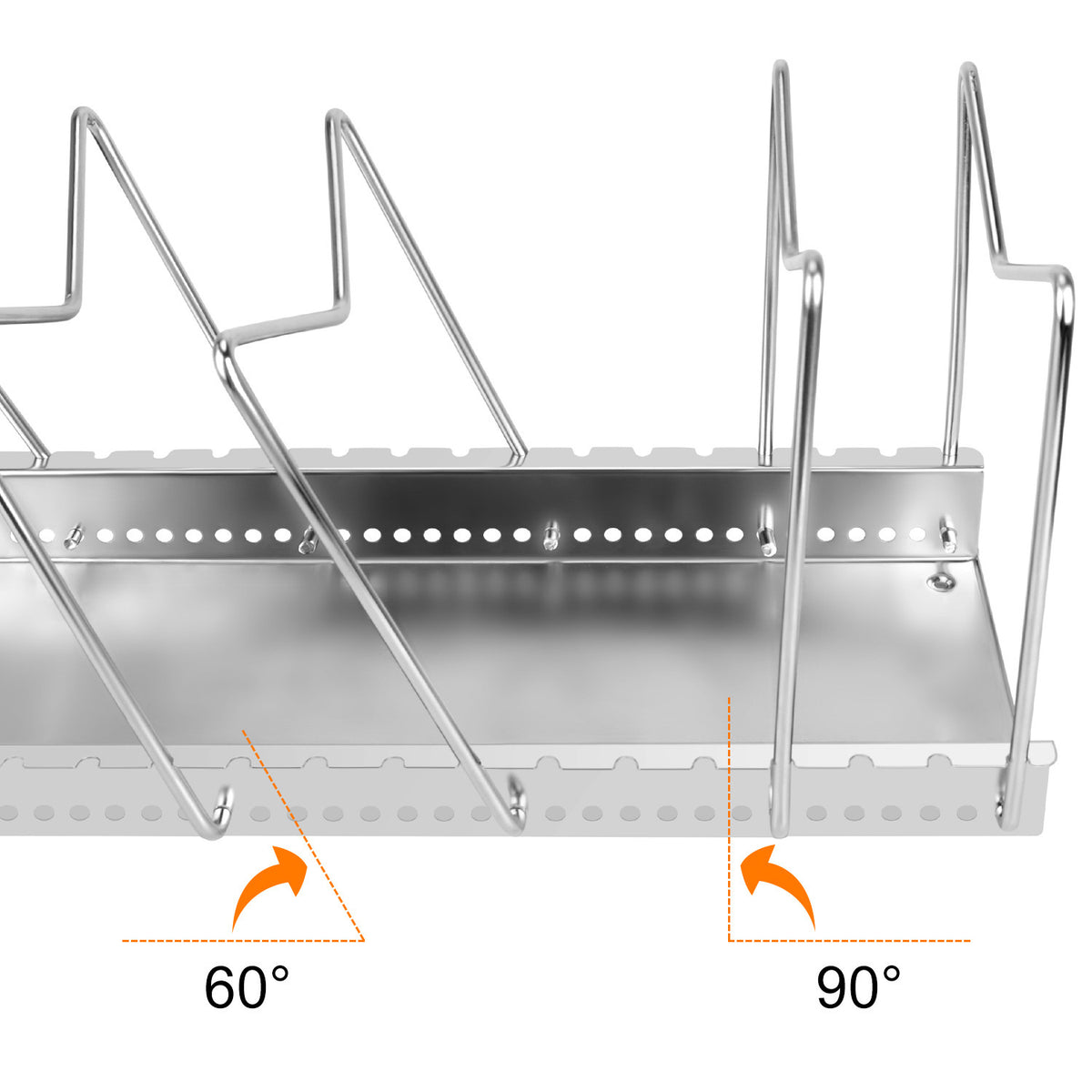 Silver kitchen storage rack with angled vertical holders for cookware