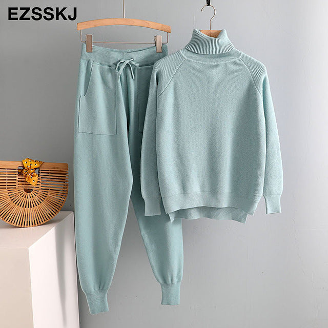 Light blue knitted turtleneck tracksuit top and jogger pants set with drawstring waist