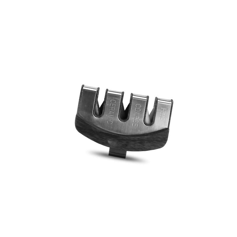 Charcoal black multi-stage knife sharpener with four metal slots labeled for sharpening