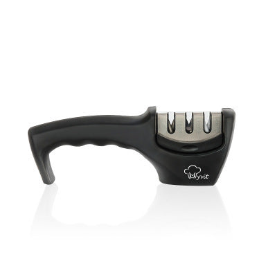 Black handheld knife sharpener with metal sharpening slots, front angled view
