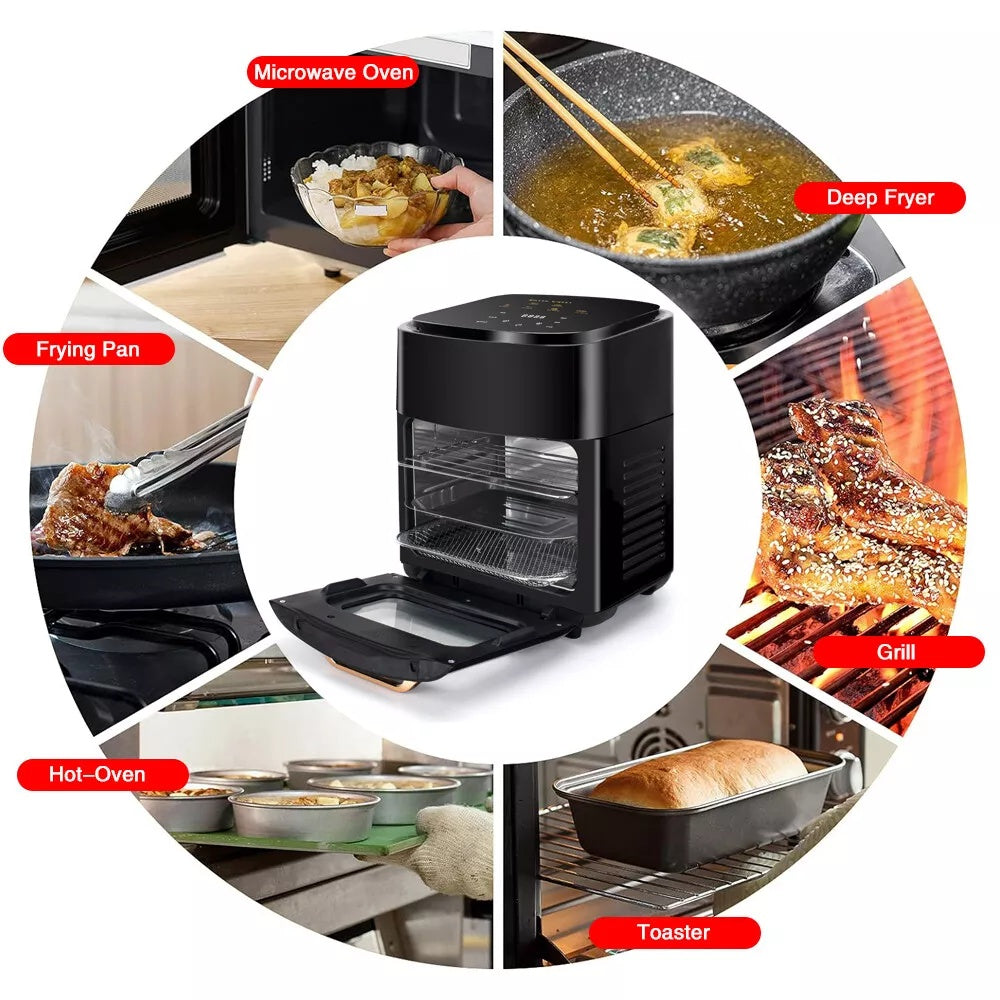 Black air fryer with open basket and digital control screen