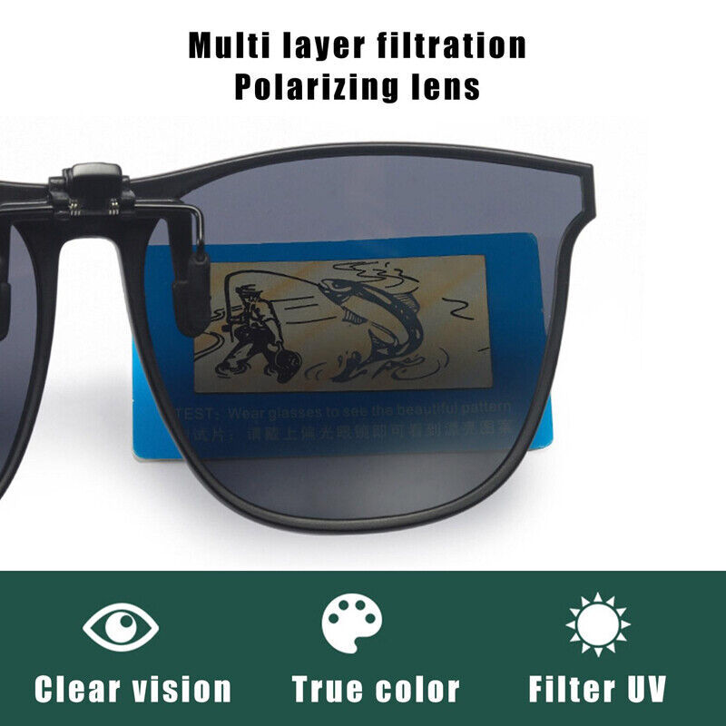 Close-up of black clip-on sunglasses lens with polarizing layer details