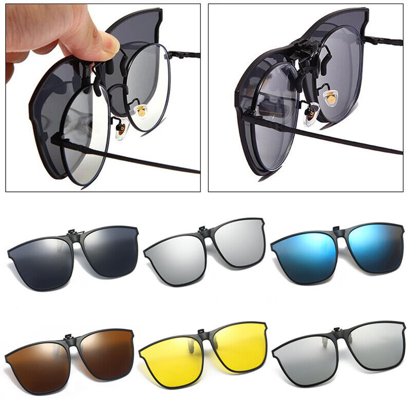 Clip-on sunglasses attached over eyeglasses; black and other lens color styles
