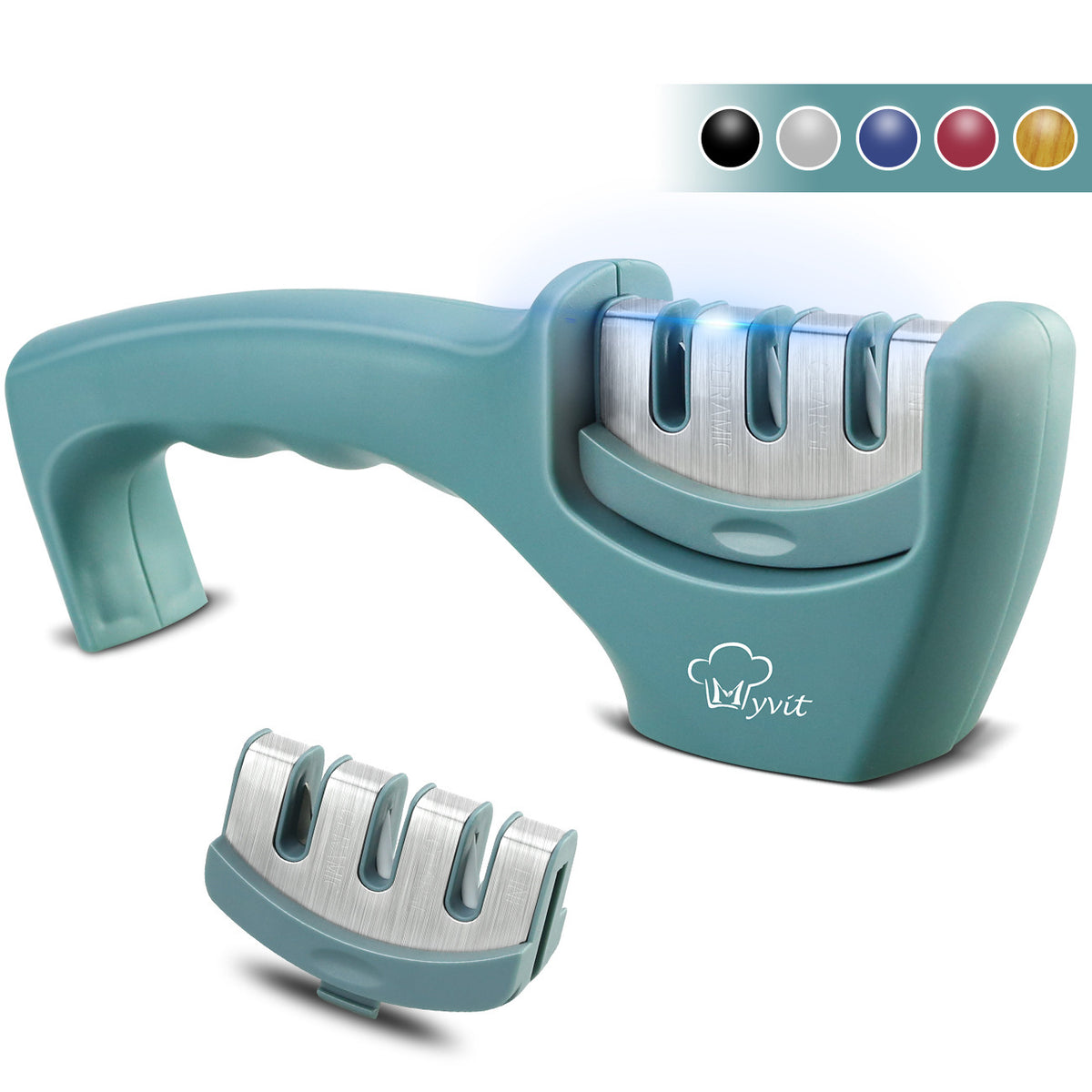 Teal manual knife sharpener with multi-slot sharpening stone, plus detached head