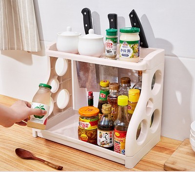 White kitchen storage rack with two shelves and circular side openings