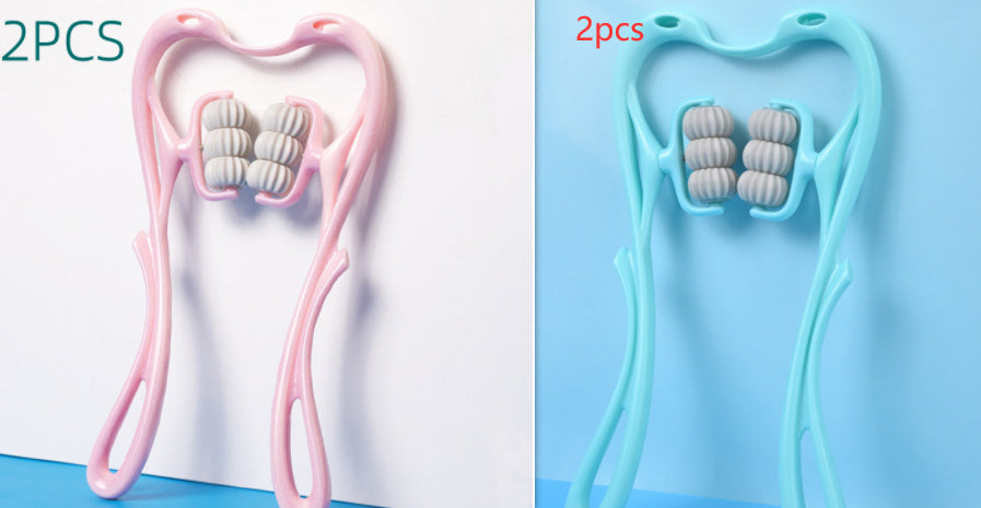 Two swan neck massagers in pink and light blue, roller head view