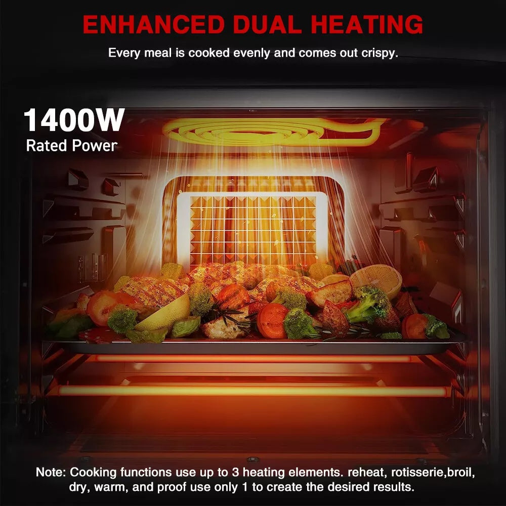 Black air fryer cooking chamber with heating elements glowing inside