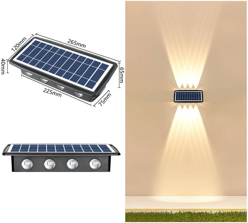 Solar wall light with rectangular solar panel and multi-LED warm white light
