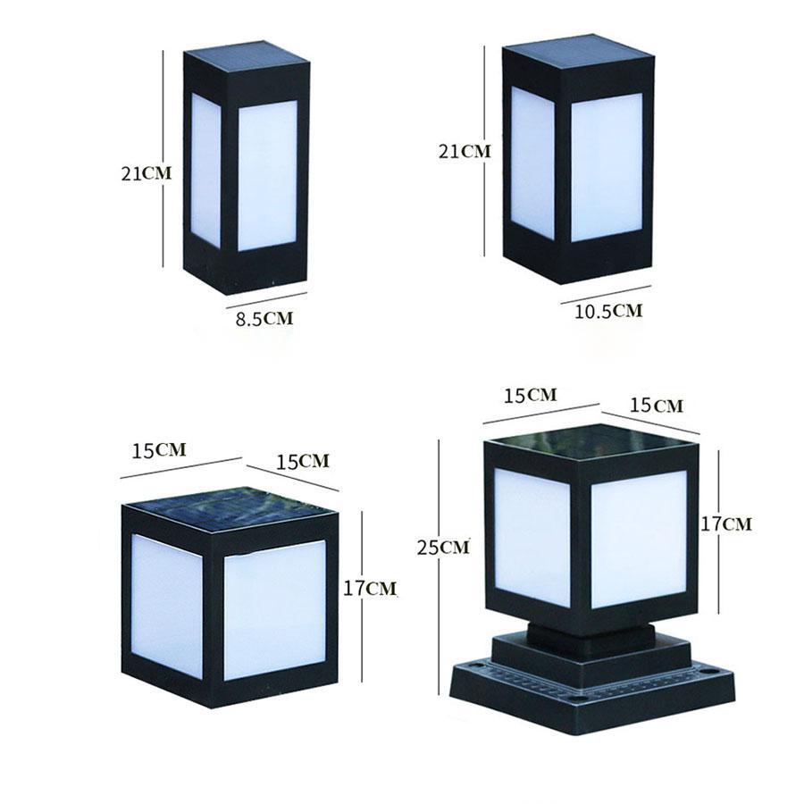 Black solar lantern garden light shown in tall and short versions with frosted glass panels